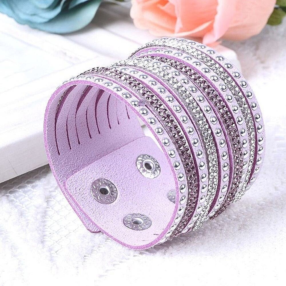 Faux Suede Lavender Multi strand Rhinestone Studded Goth Glam style Bracelets